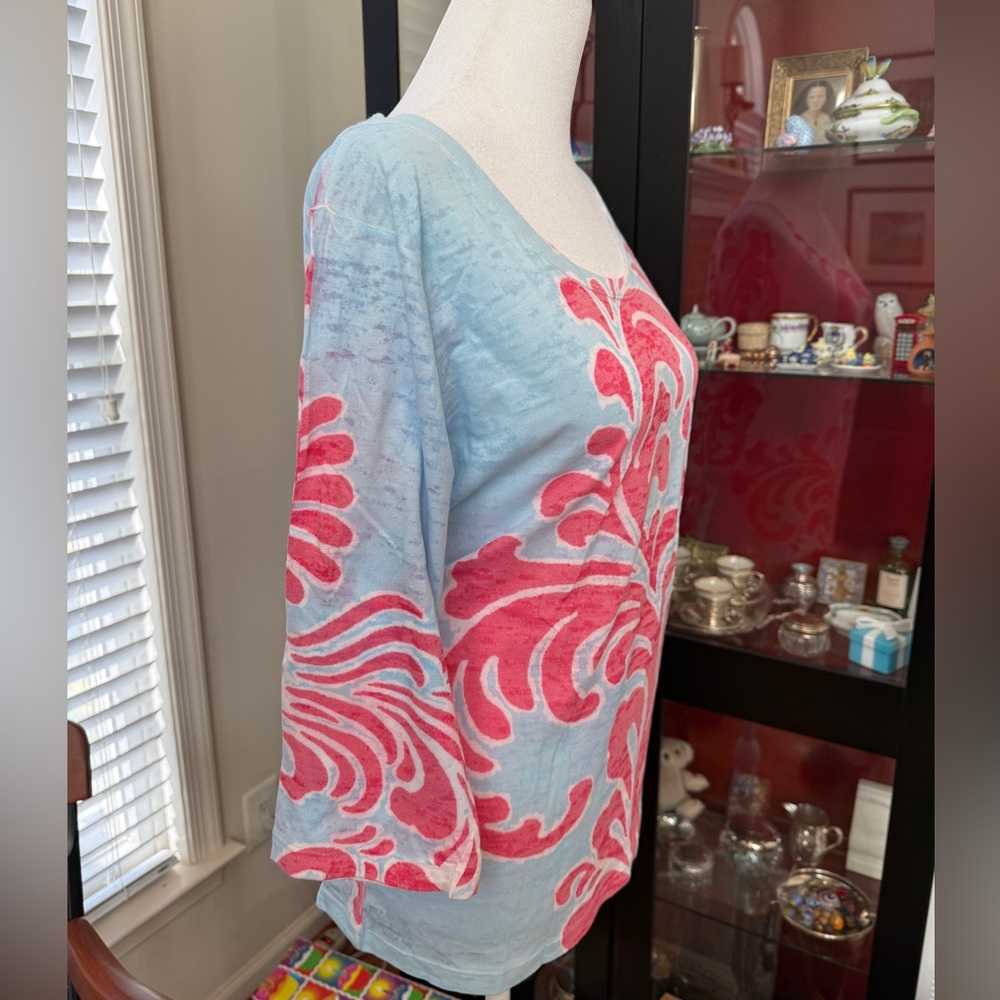 Before + Again pale blue & pink 3/4 sleeve scoop neck burnout shirt large - Picture 2 of 9